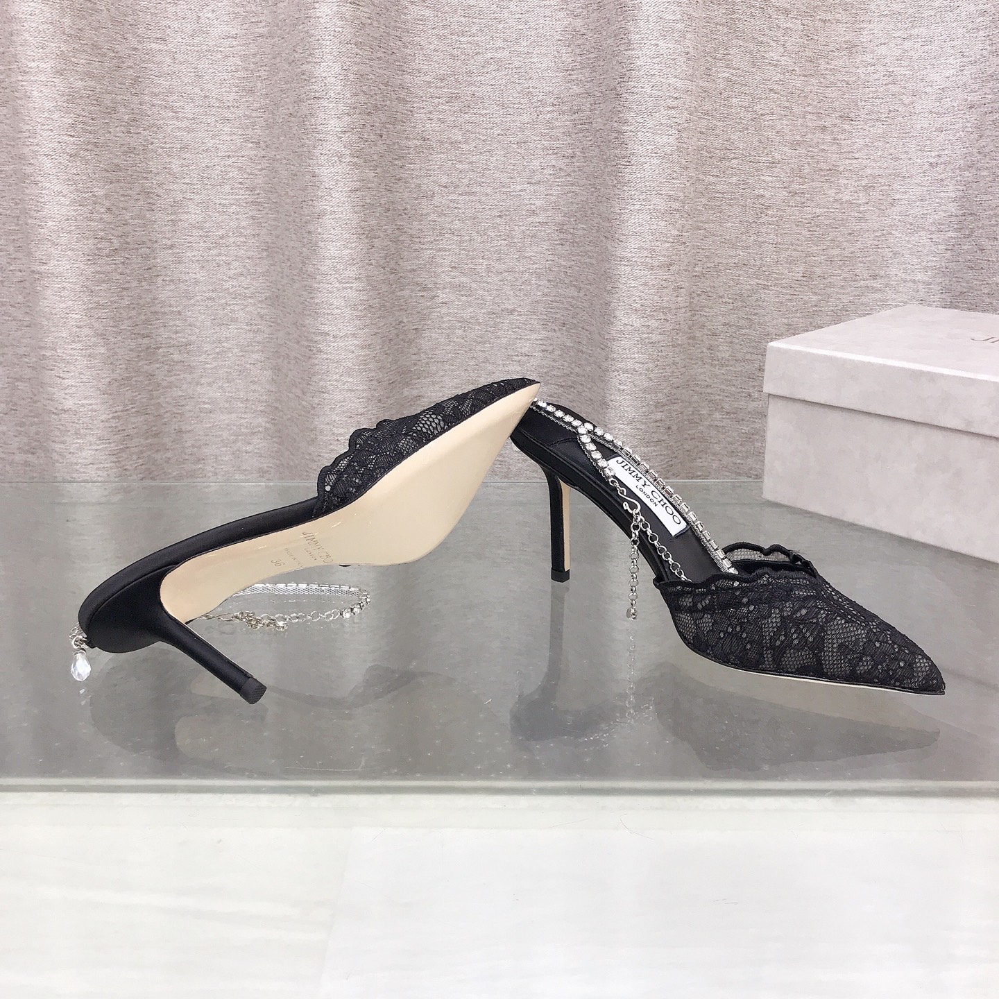 Jimmy Choo Wavy Lace Crystal Chain Mule Pumps