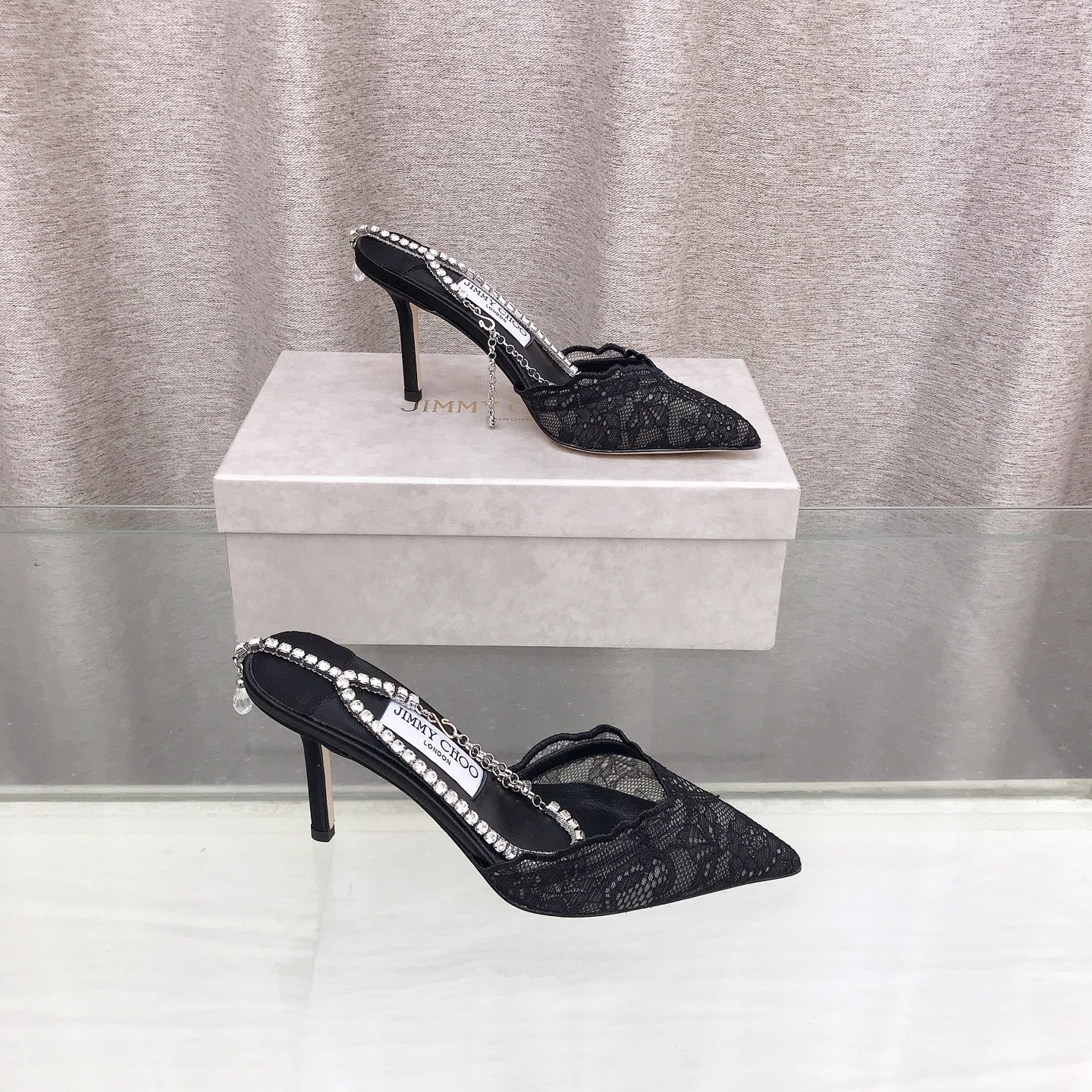 Jimmy Choo Wavy Lace Crystal Chain Mule Pumps