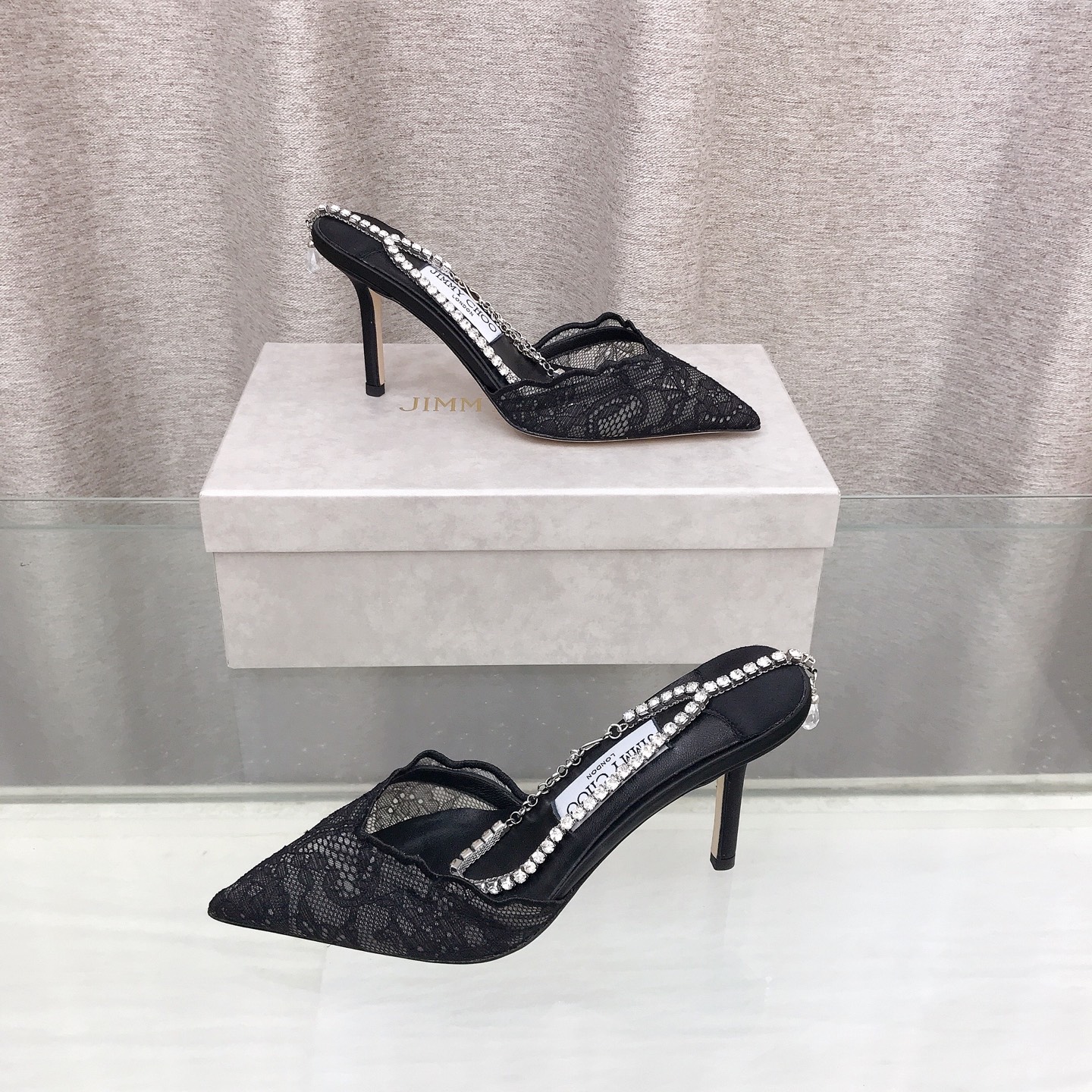 Jimmy Choo Wavy Lace Crystal Chain Mule Pumps