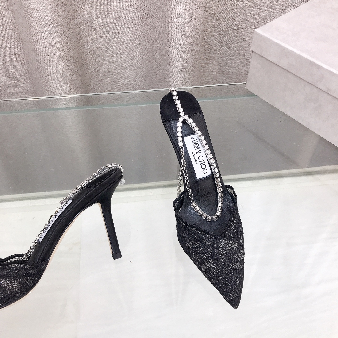 Jimmy Choo Wavy Lace Crystal Chain Mule Pumps