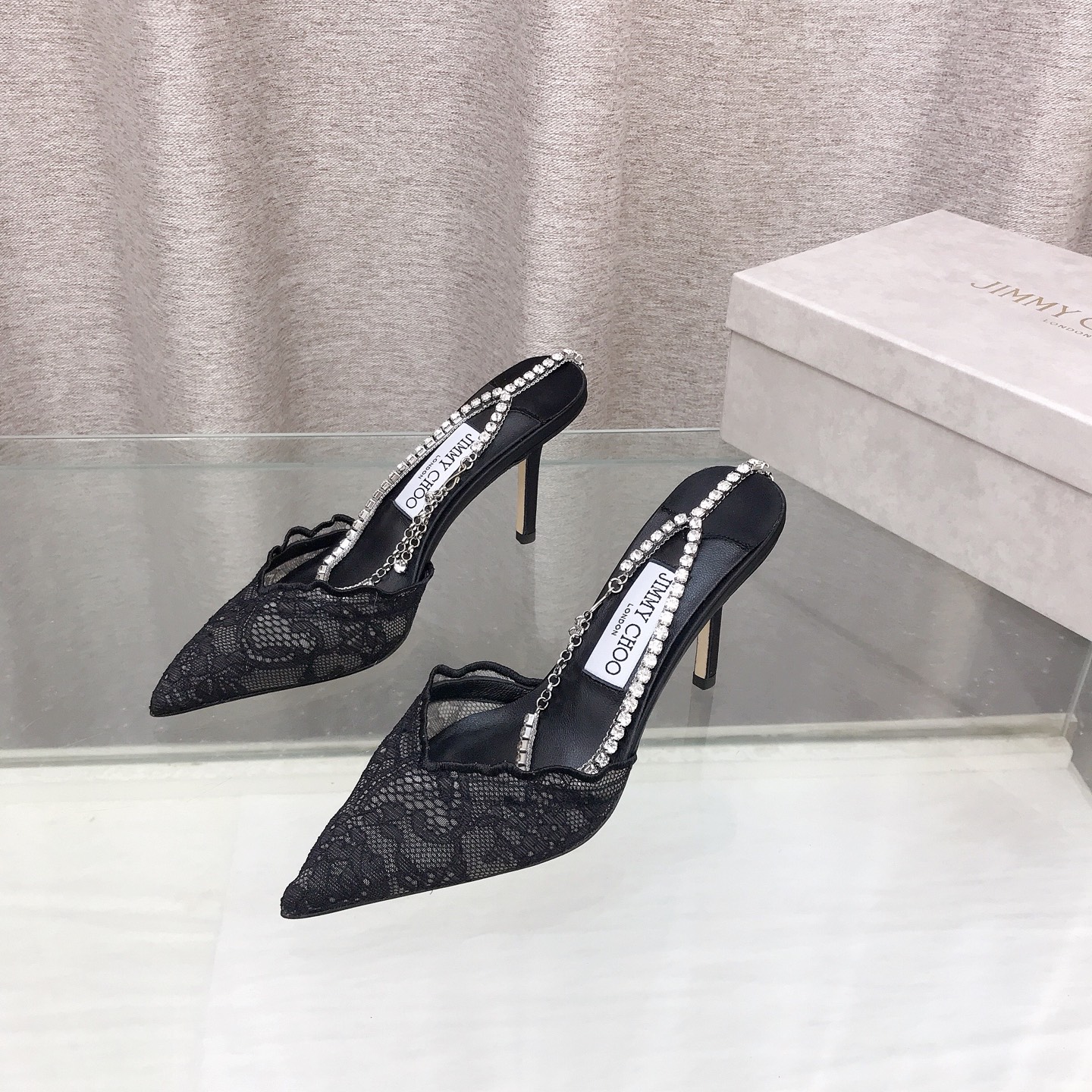 Jimmy Choo Wavy Lace Crystal Chain Mule Pumps