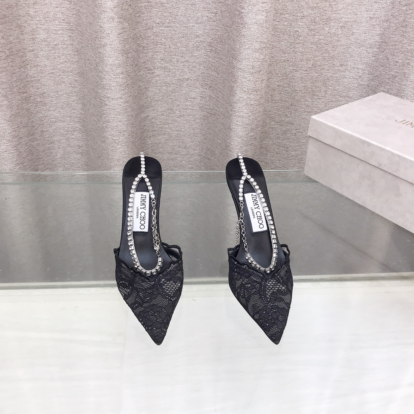 Jimmy Choo Wavy Lace Crystal Chain Mule Pumps