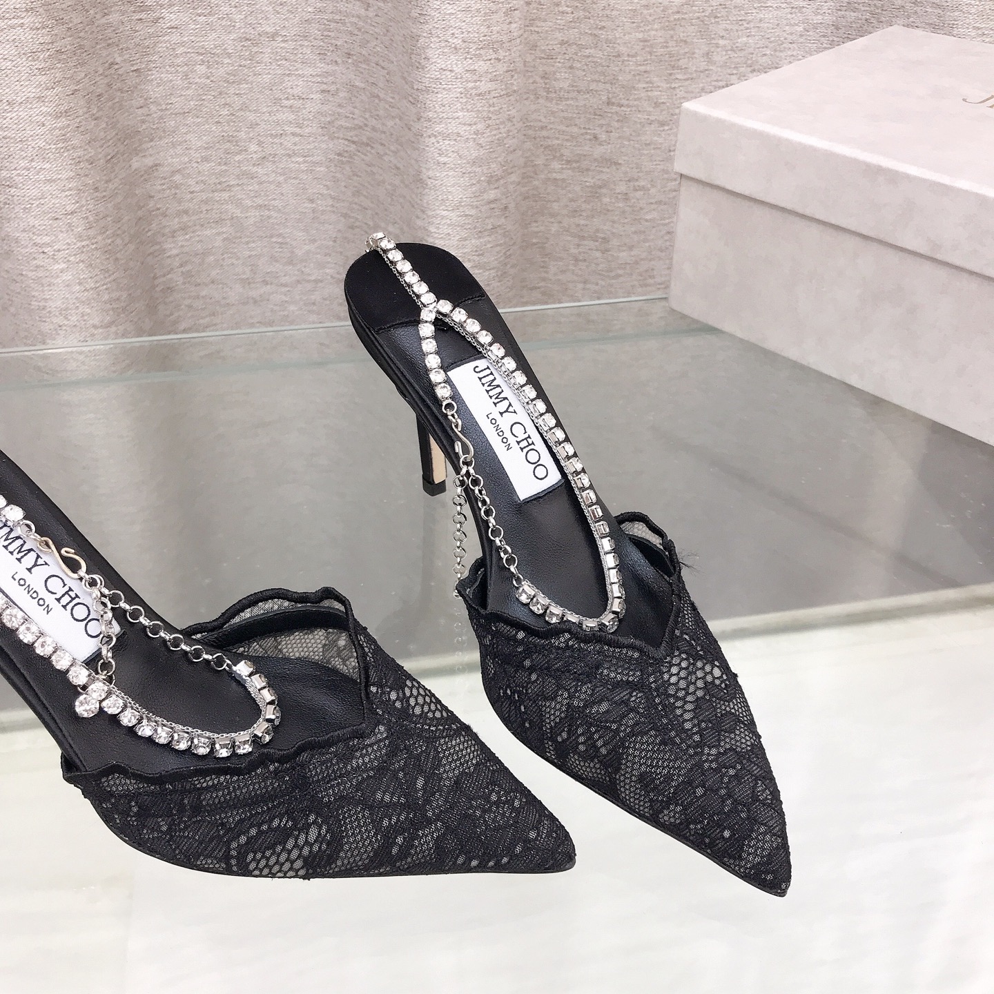 Jimmy Choo Wavy Lace Crystal Chain Mule Pumps