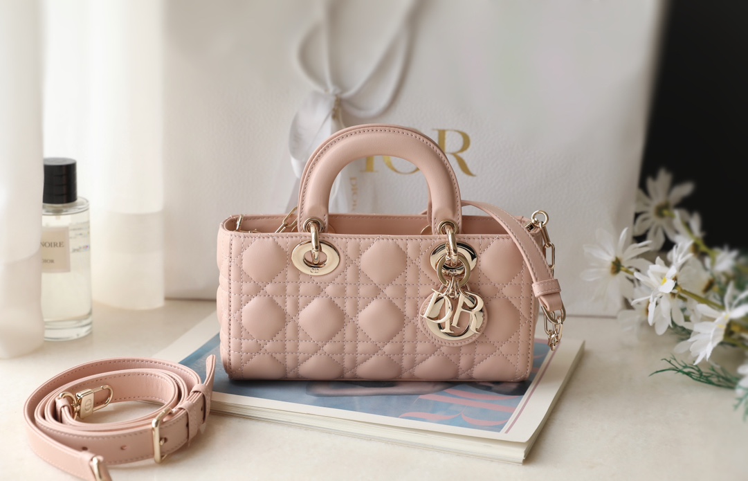 Dior Lady Bags Handbags Gold Pink Canvas Chains