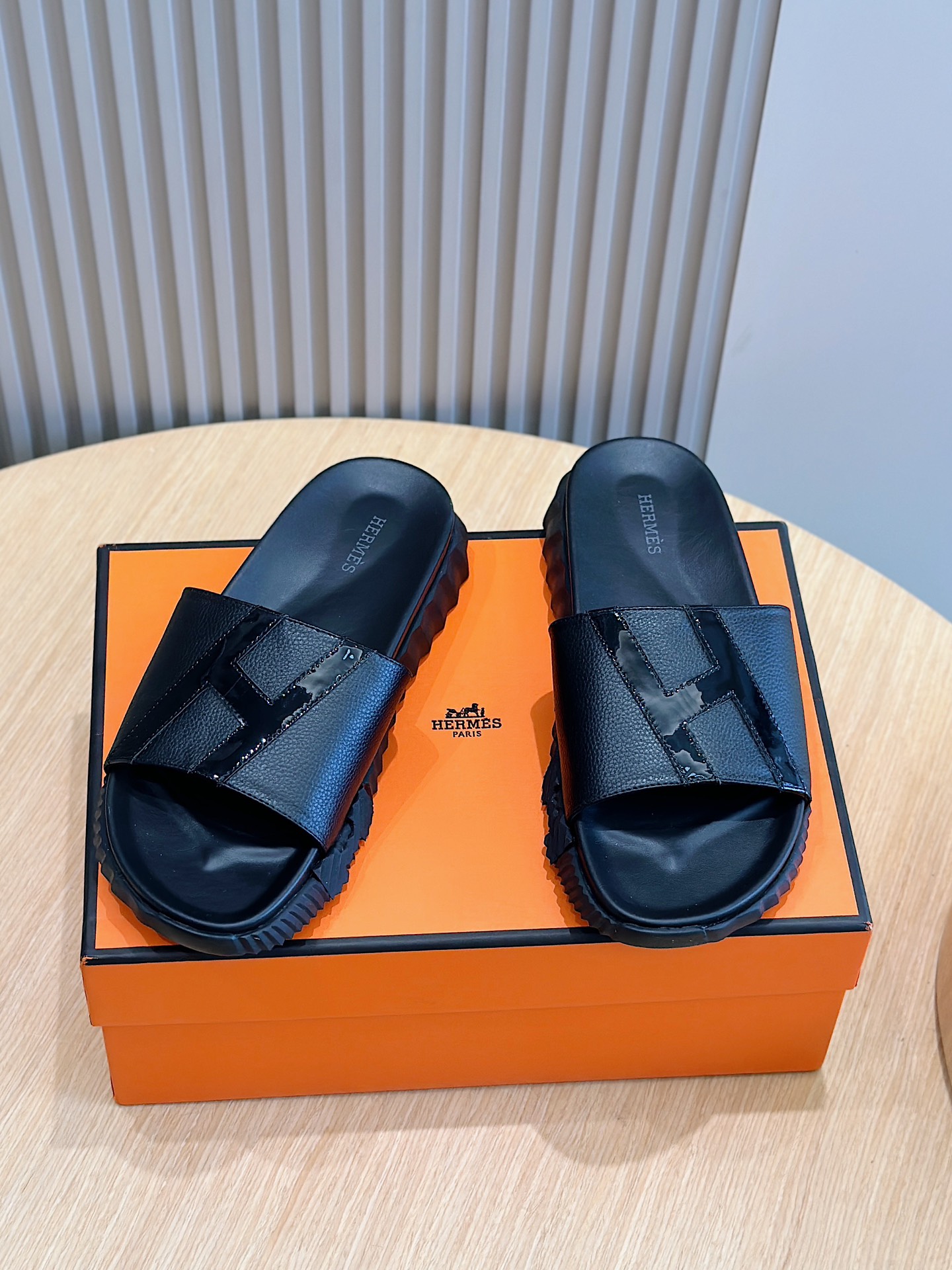 Hermès Men's Black Leather H Logo Slides Sandals | Sizes 39-44