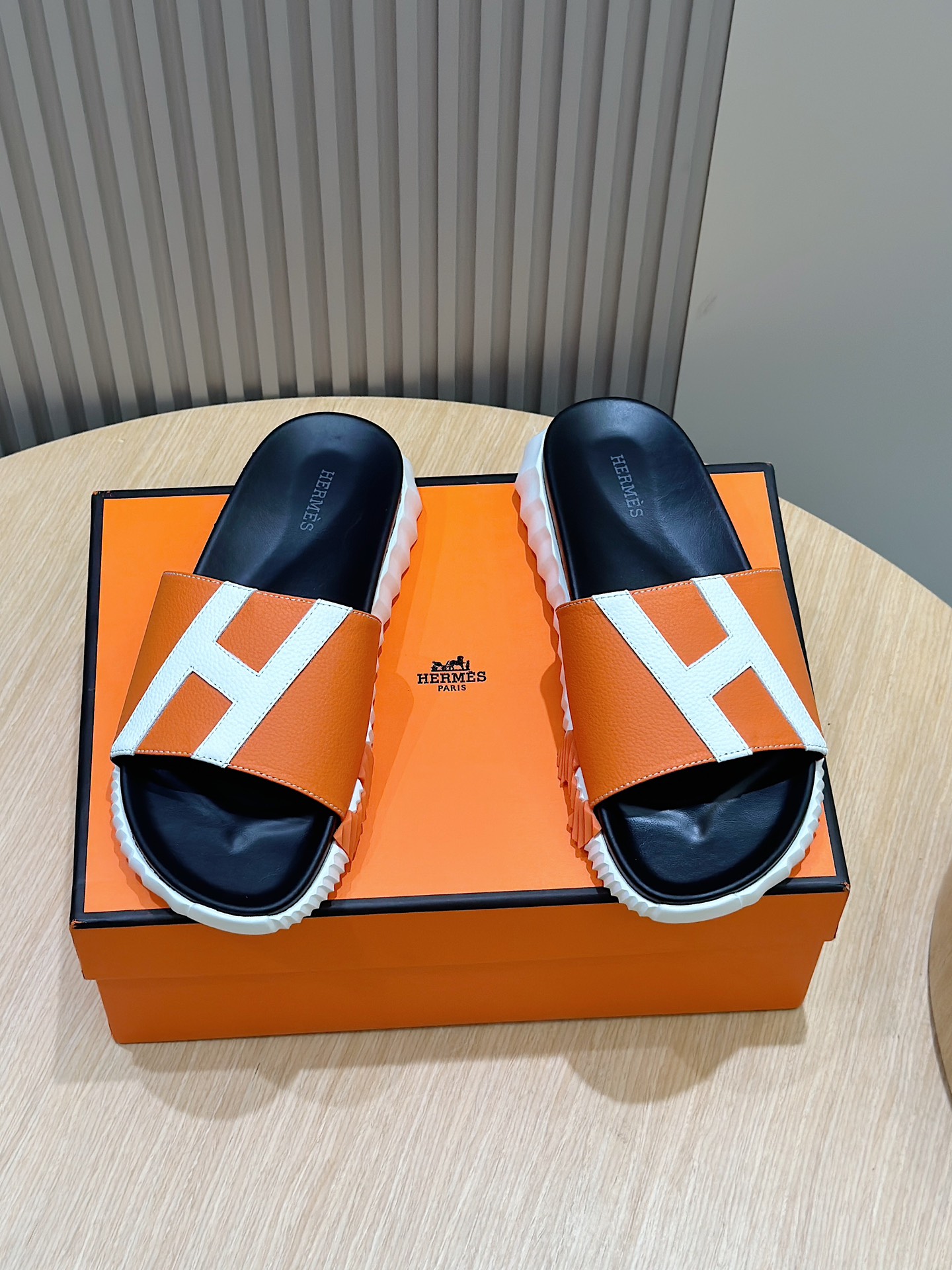 Hermes Men's Sandal Slides - Orange Leather with Signature 'H' Design