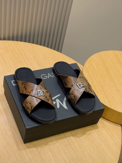 Dolce&Gabbana Men's Leather Slides with DG Logo - Brown Snakeskin 1 Dolce&Gabbana Men's Leather Slides with DG Logo - Brown Snakeskin