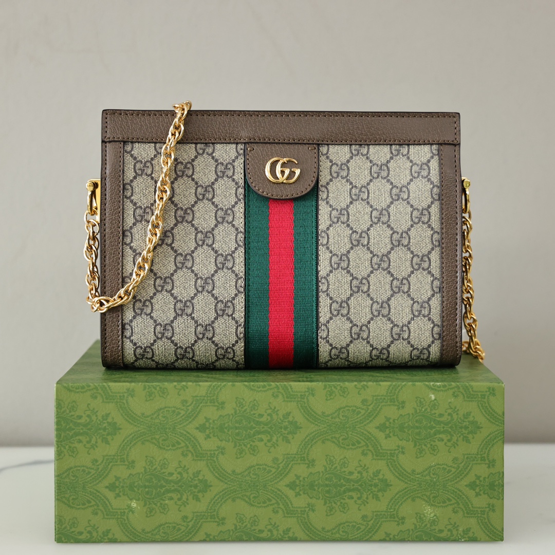 Gucci Ophidia链条包💰220 
采用GGsupreme高级人造帆布，复古又经典，构造简约加上经典双G印花搭配，标志性条纹织带，原版五金链条，斜挎手拿随时转换，深受好评百搭。
规格：26*17.5*8cm