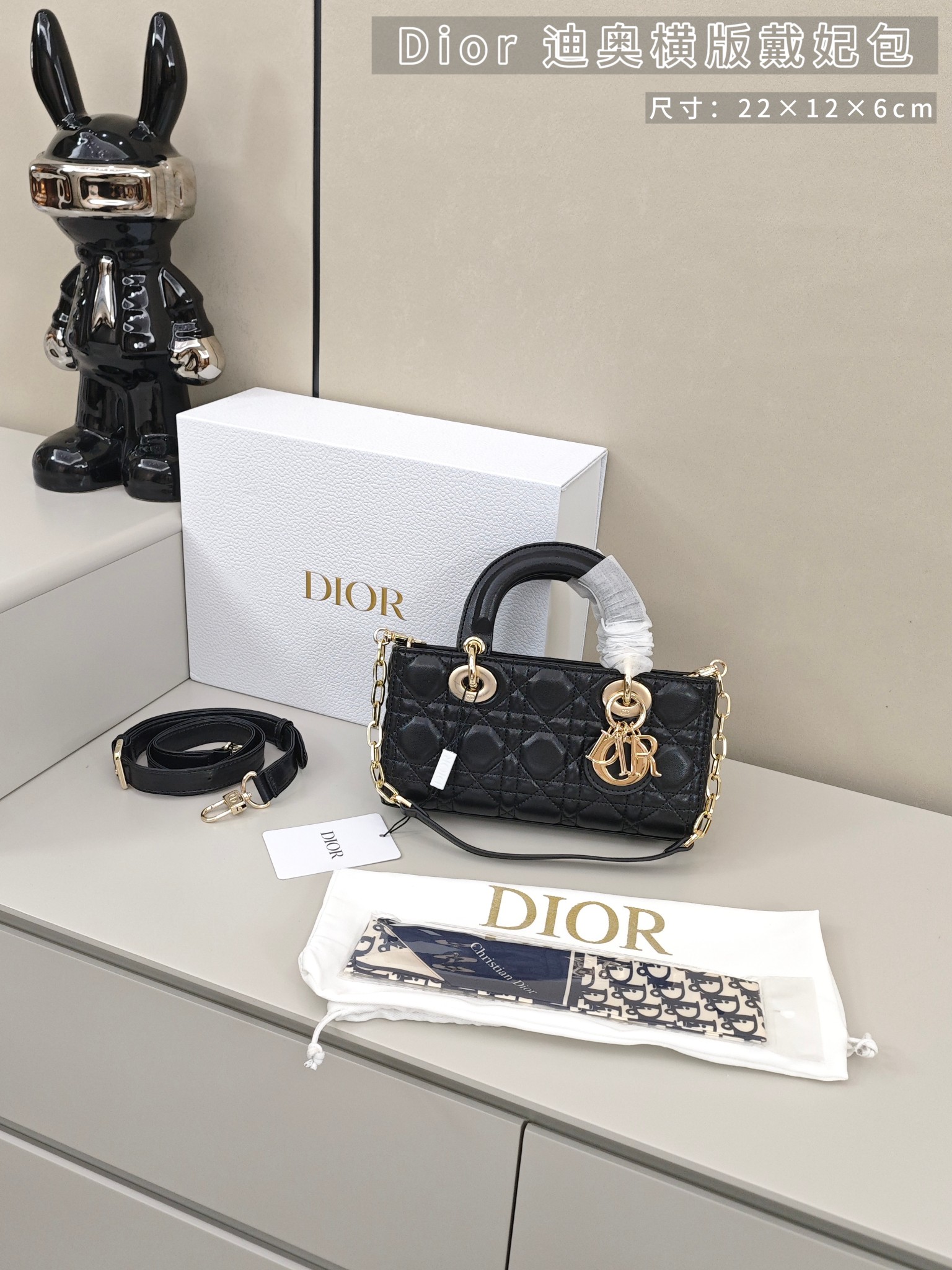 迪奥横版戴妃包💰300
尺寸：22×12×6cm
以标志性藤格纹压纹皮革勾勒优雅轮廓，黑金配色碰撞金属CD挂饰，复古与摩登交织，迷你包身搭载可拆卸肩带，手提、斜挎随心切换，既是日常出街的吸睛利器，也是诠释法式精致的点睛之选。