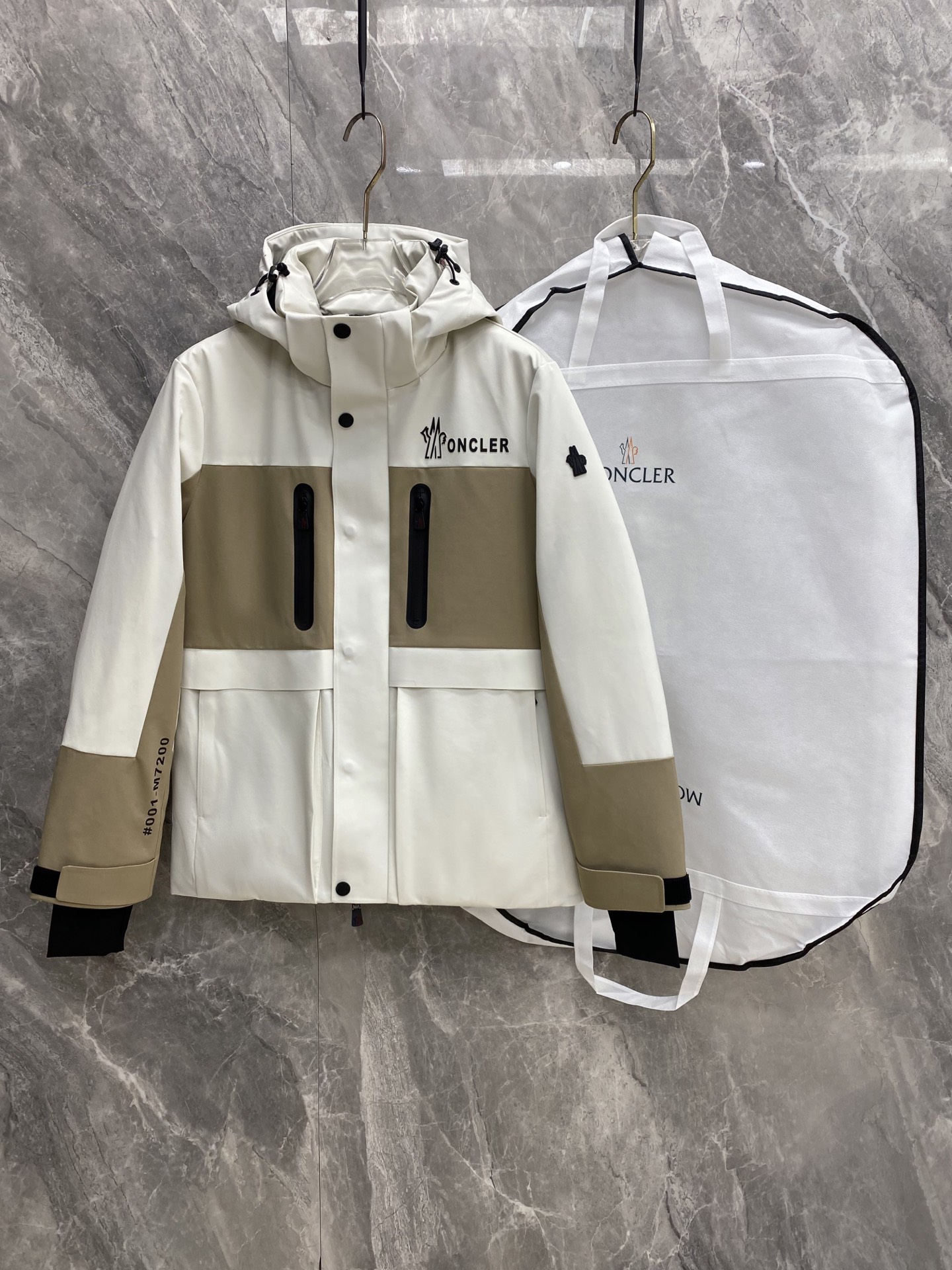 Moncler Beige and White Hooded Jacket