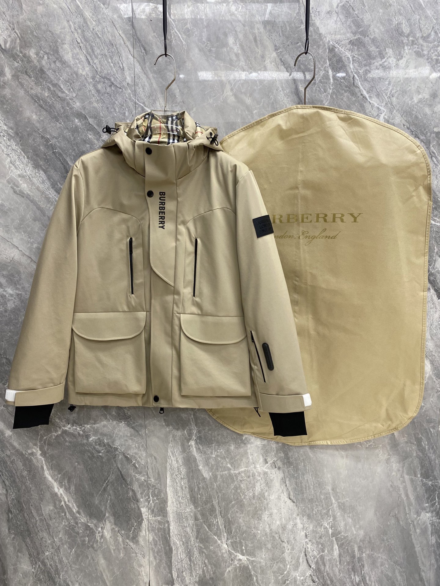 Burberry Beige Check Lined Hooded Jacket