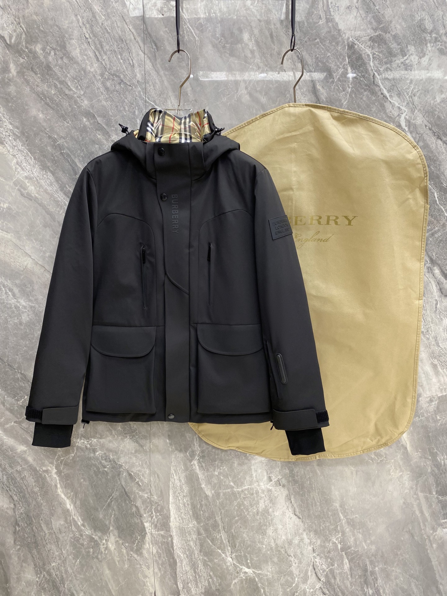 Burberry Black Check Lined Hooded Jacket