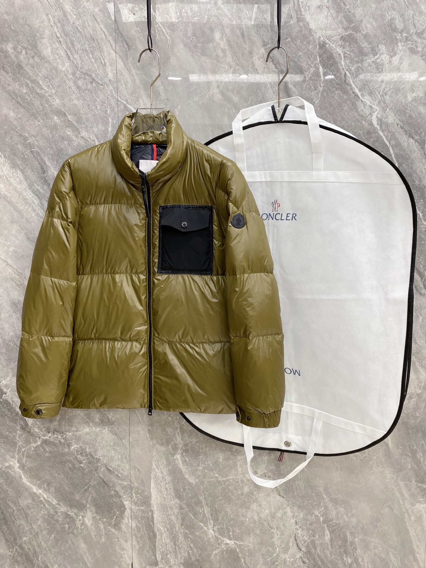 Moncler Olive Contrast Pocket Puffer Jacket