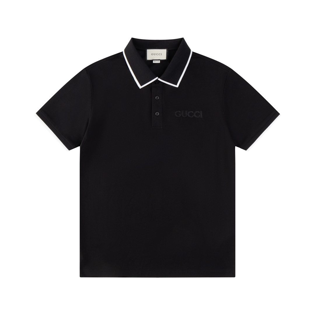 Gucci/古驰2025春夏款Polo衫、专柜同款发售、定制面料、质感绝佳、撞色拼接，成衣垂括有型、穿着舒适亲肤、重工打造原版Logo、三标齐全、上身效果超赞、原单狠货、男士衣橱必备。 颜色:黑色 尺码:M-3XL