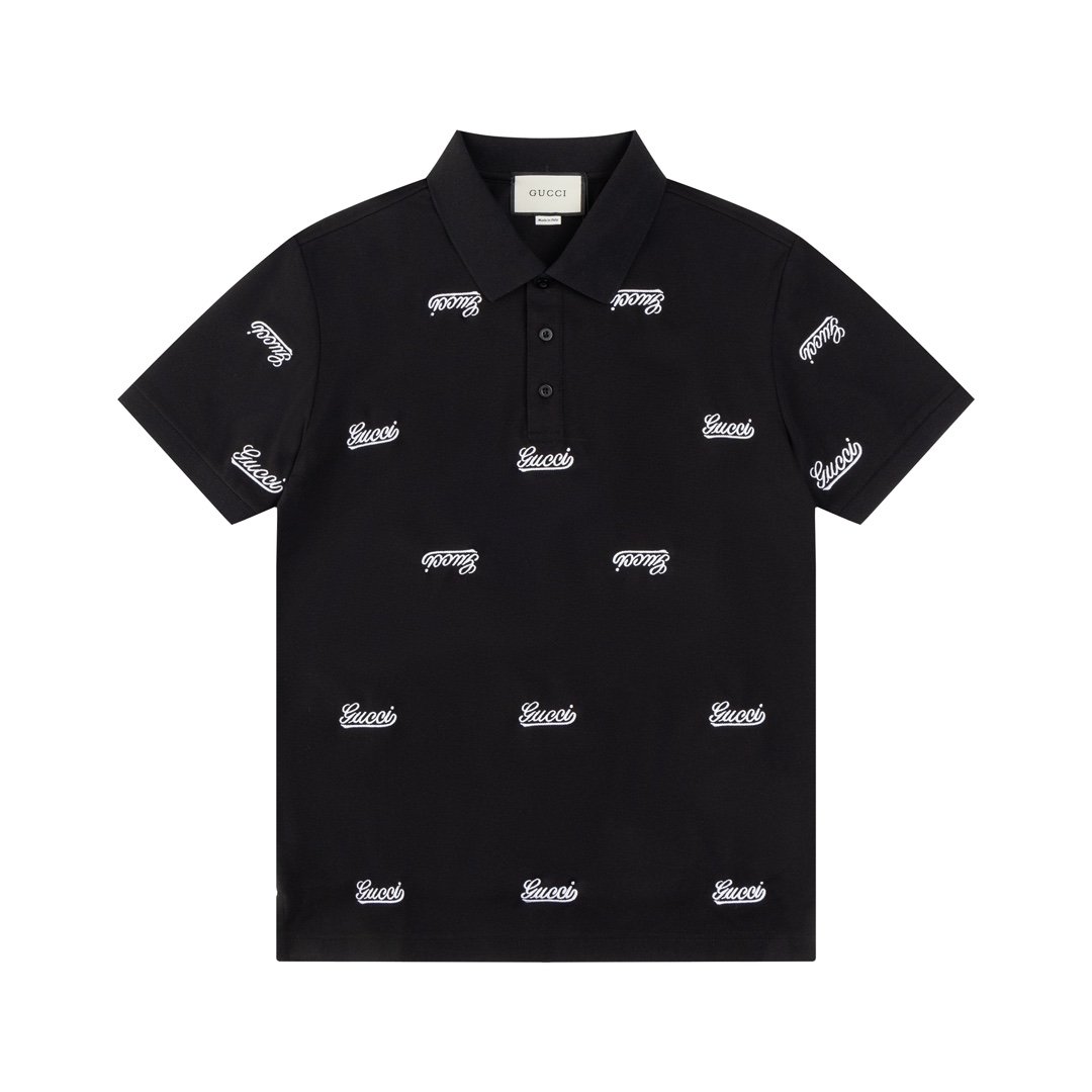 Gucci/古驰。2025春夏款Polo衫男士满印logo字母刺绣，专柜同款发售、定制面料、质感绝佳、撞色拼接，成衣垂括有型、穿着舒适亲肤、重工打造原版Logo、三标齐全、上身效果超赞、原单狠货、男士衣橱必备。 颜色:黑色 尺码:M-3XL