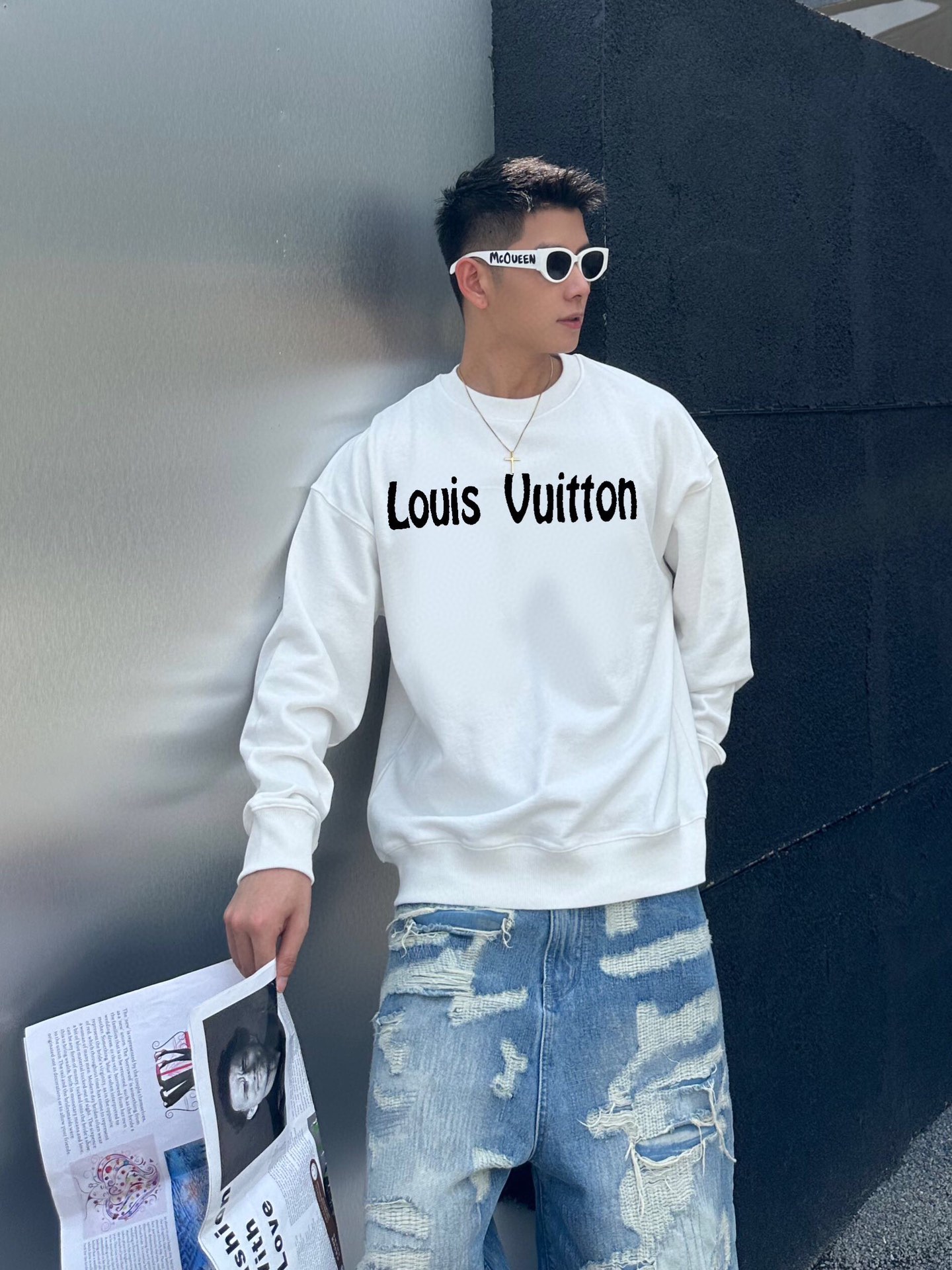 Louis Vuitton Clothing Sweatshirts Black White Printing Unisex Fall/Winter Collection Trendy Brand