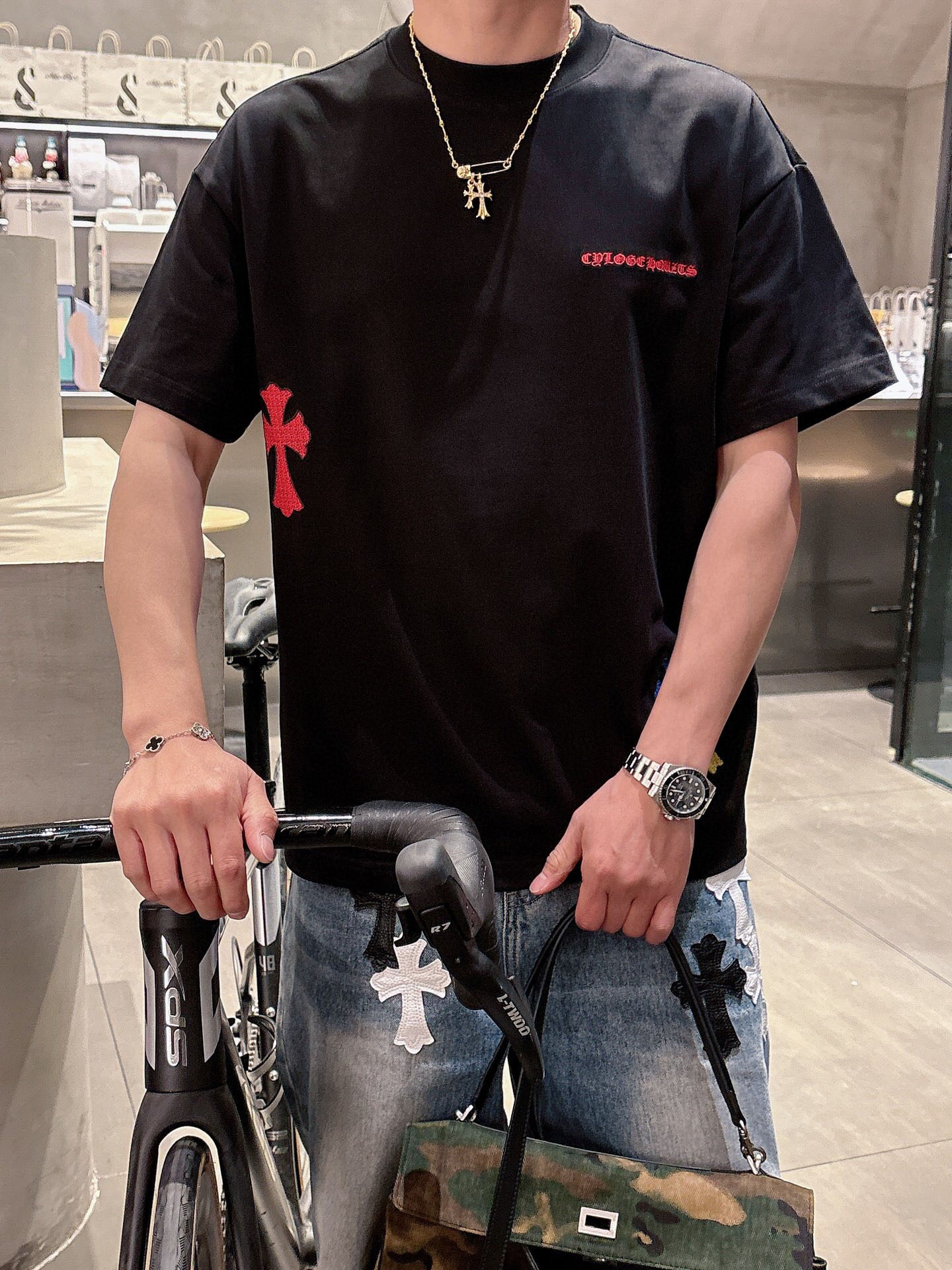 NO:123298,2025 spring and summer new style Croxin embroidered short sleeve S~2XL, chrome hearts, T-shirt, alexander wang198609092025春夏新款 克罗心刺绣短袖 S~2XL,,chrome hearts,T-shirt,alexander wang,Men's clothing