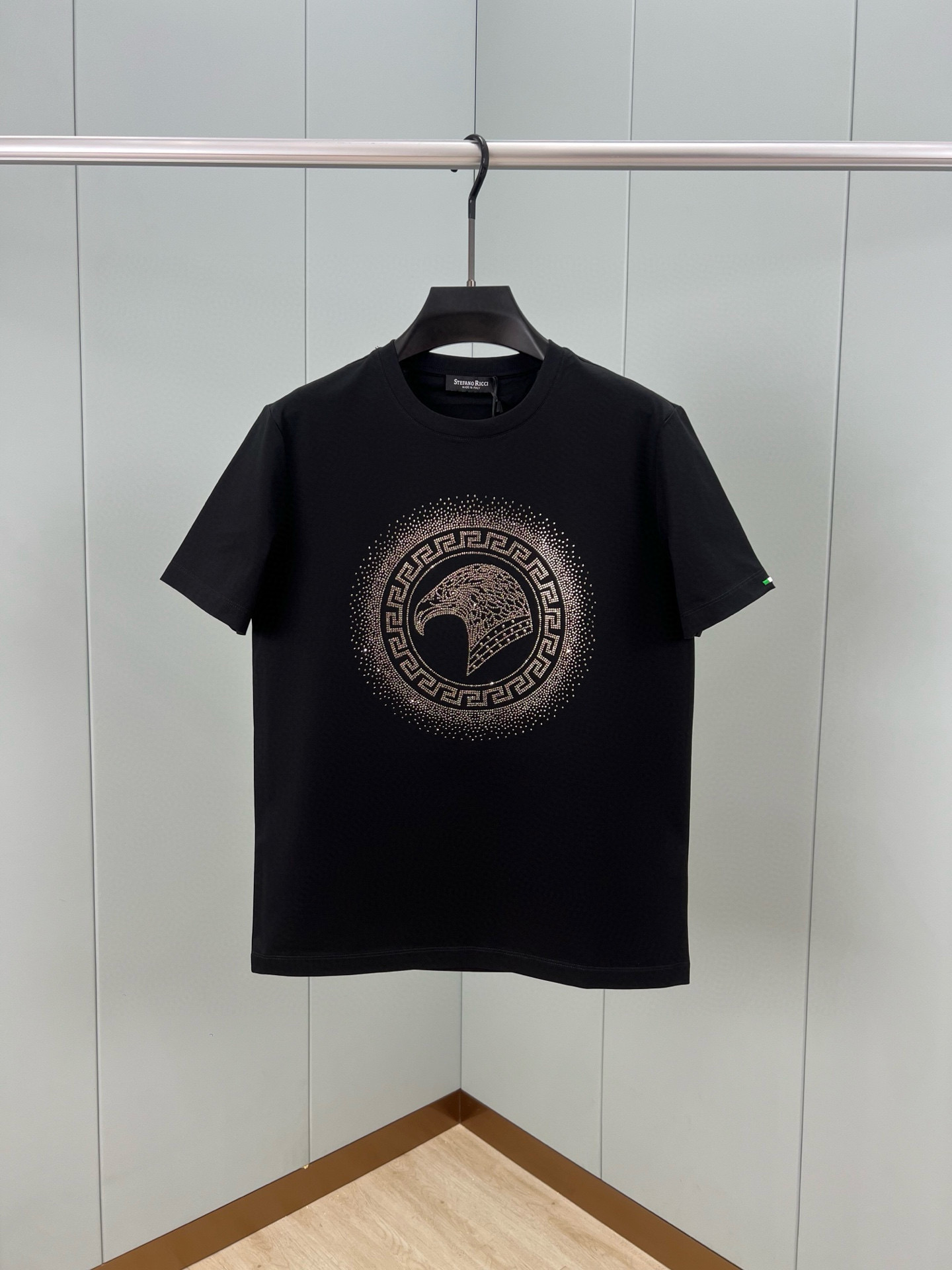 NO:141363,Stefano Ricci Stephen Spring and Summer 25 New Eagle Head Crystal Logo Short-Sleeve T-shirt, with iconic Eagle Head Grey Crystal Design   Back and Sleeve Embroidery Design; Customized 80 Double-Strand Mercerized Cotton Fabric; Black and White M-XXXL, T-shirt,tees, t-shirt,alexander wang19860909Stefano Ricci·史蒂芬 25春夏新品鹰头水晶标识短袖T恤,正面饰有标志性鹰头矿灰色水晶设计 后背及袖边刺绣设计；采用定制80支双股丝光棉面料；黑色 白色 M-XXXL,,T-shirt,tees，t-shirt,alexander wang,Men's clothing