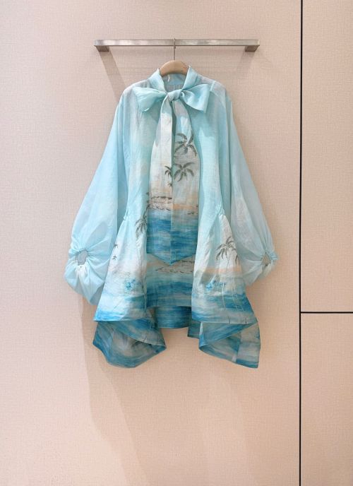 Zimmermann Silk Linen Bow Mini Dress - Blue Seascape Pattern 1 Zimmermann Silk Linen Bow Mini Dress - Blue Seascape Pattern