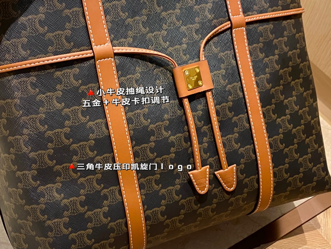 The bag features a central calfskin drawstring closure with an - Comprehensive