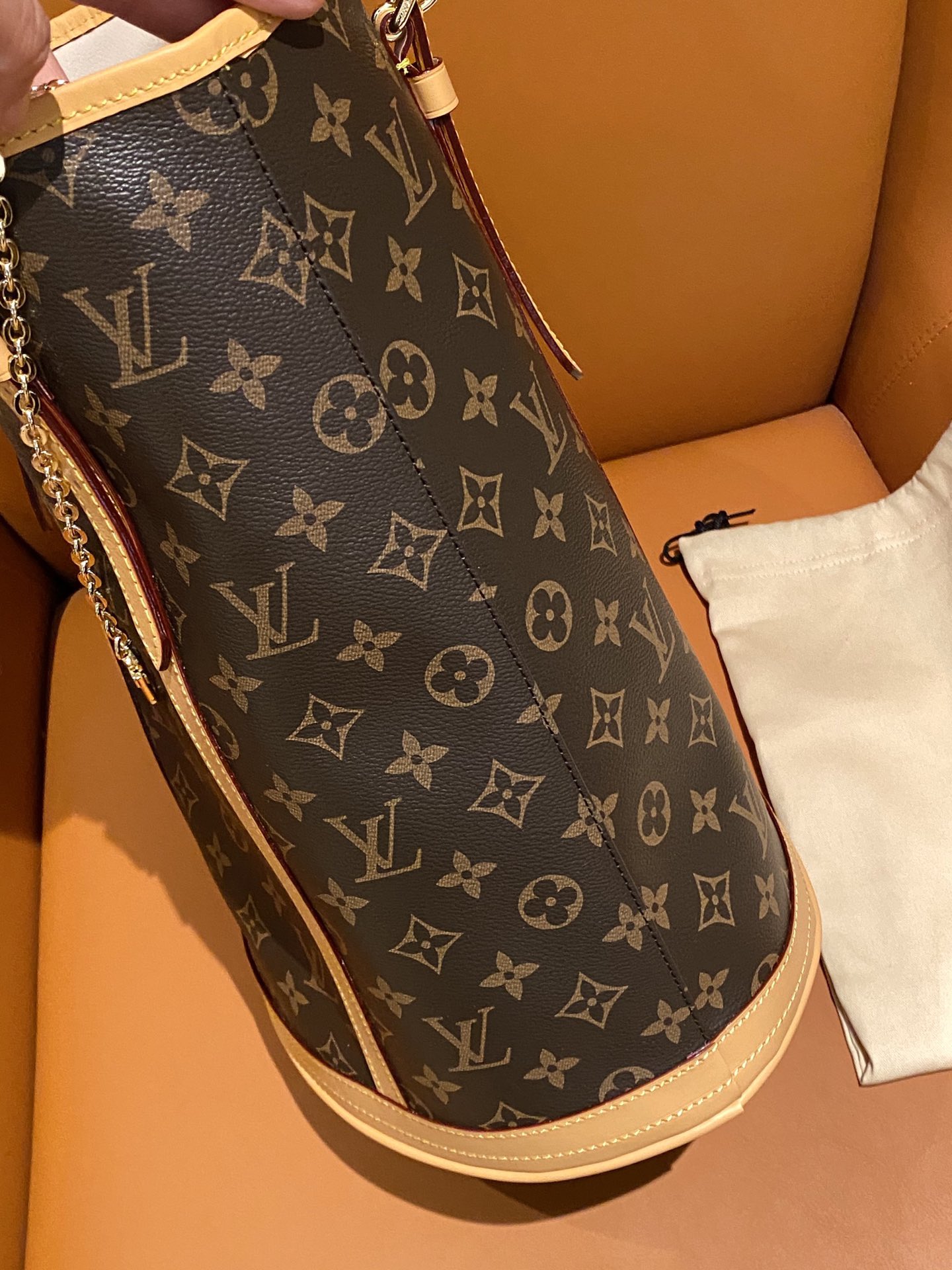 Structured monogram bucket bag featuring precision pattern alignment and - Comprehensive 4