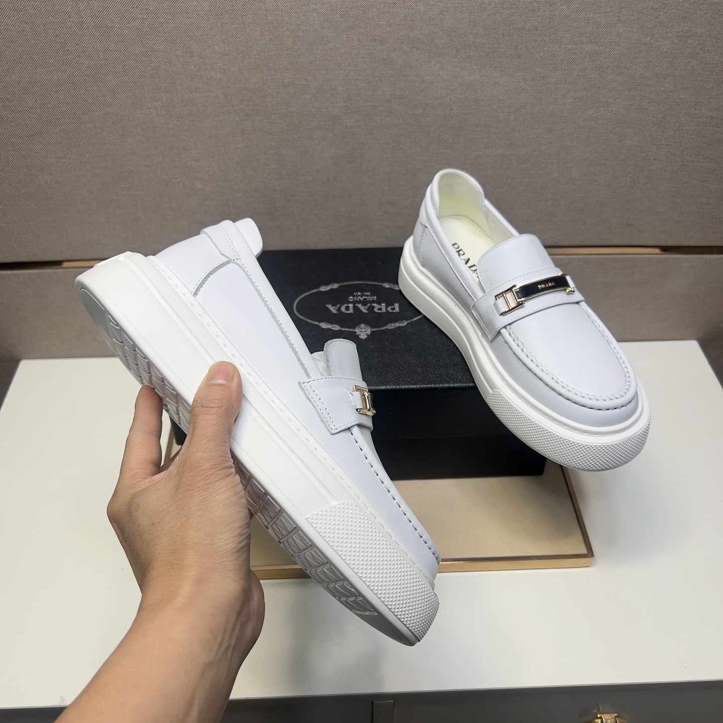 Prada Men's Leather Loafers White Casual Shoes 8 i1742575936895 5681 0 6