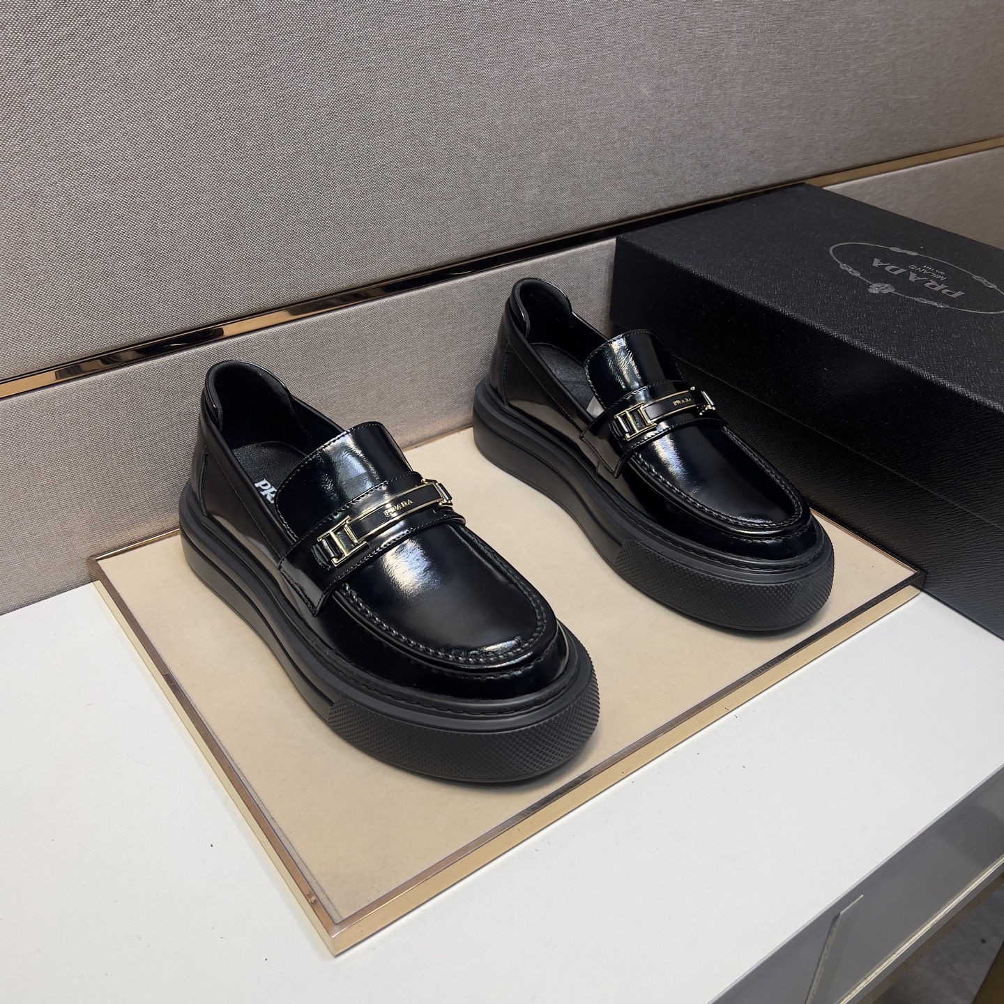 Prada Men's Black Leather Loafers with Gold-Tone Hardware, Size 38-44 2 i1742575949189 6137 0 0