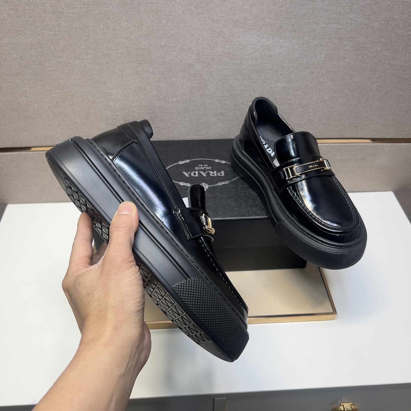 Prada Men's Black Leather Loafers with Gold-Tone Hardware, Size 38-44 8 i1742575950227 9526 0 6