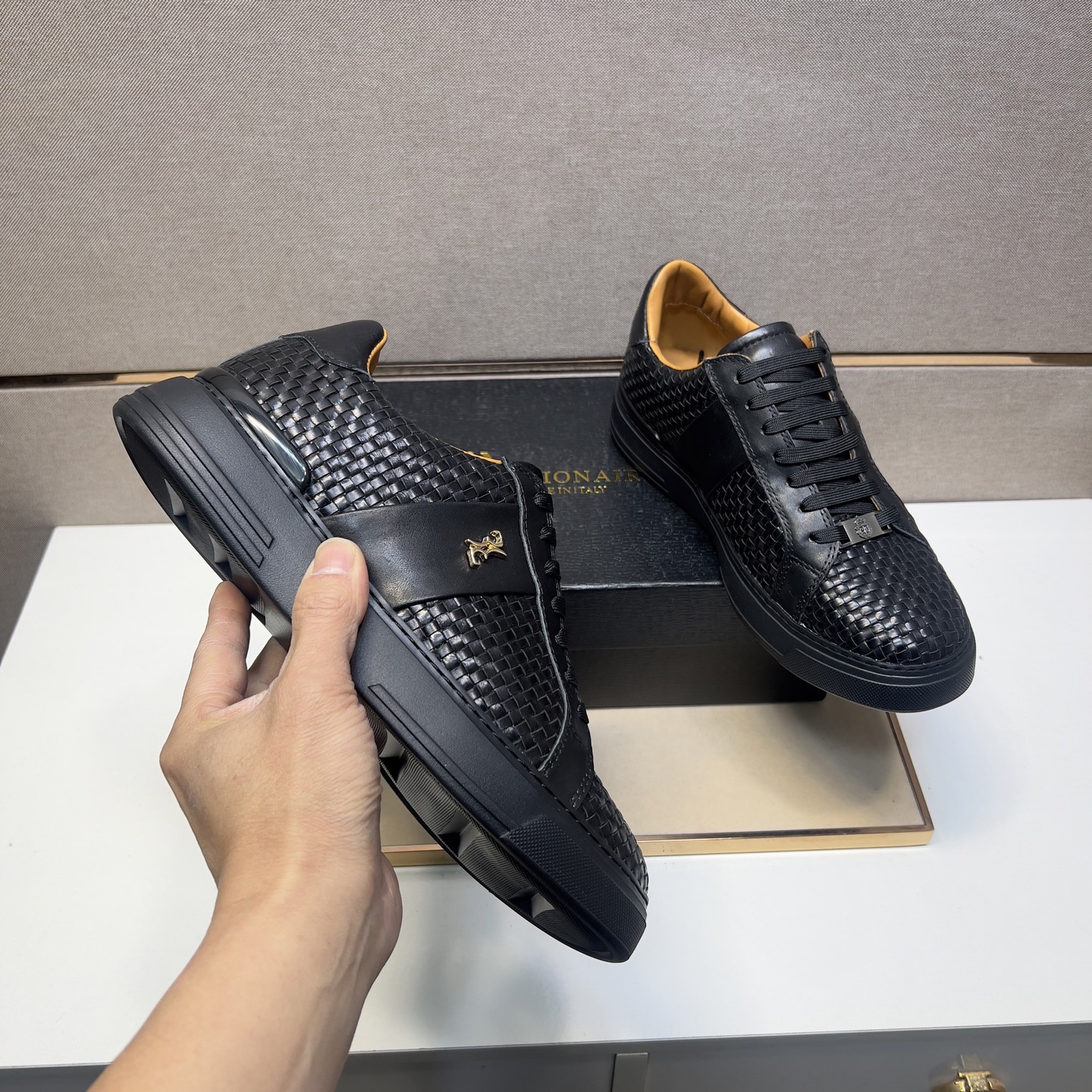 Billionaire Men's Black Leather Woven Casual Sneakers, Sizes 39-44 8 i1742661098568 3177 0 6