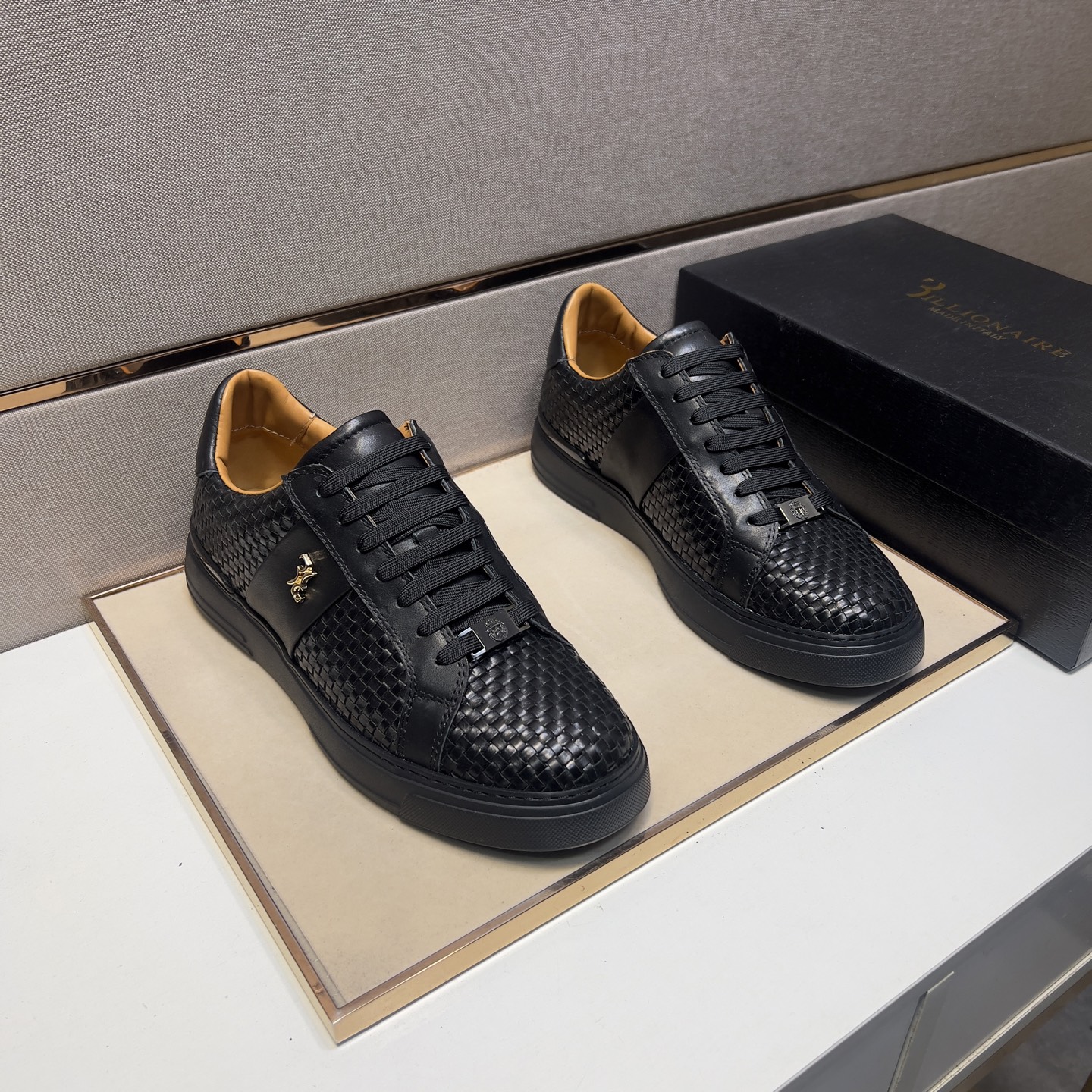Billionaire Men's Black Leather Woven Casual Sneakers, Sizes 39-44 1 Billionaire Men's Black Leather Woven Casual Sneakers, Sizes 39-44