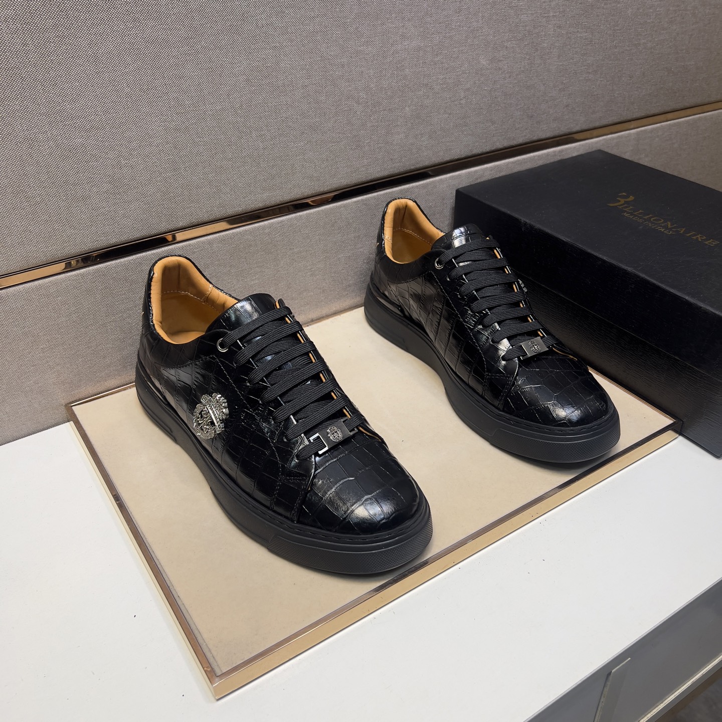 Billionaire 2025 Men's Black Leather Crocodile Embossed Casual Sneakers 1 Billionaire 2025 Men's Black Leather Crocodile Embossed Casual Sneakers