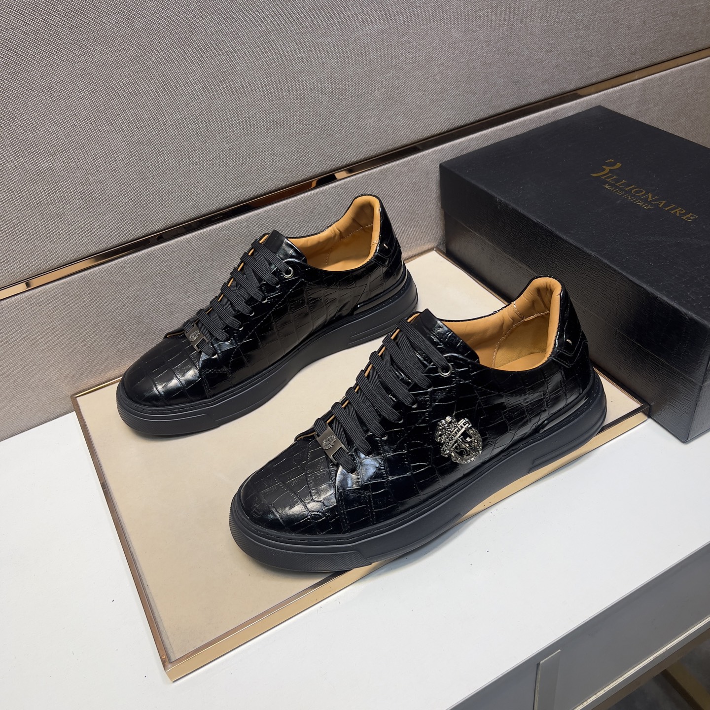 Billionaire 2025 Men's Black Leather Crocodile Embossed Casual Sneakers 3 i1742661177708 2423 0 1