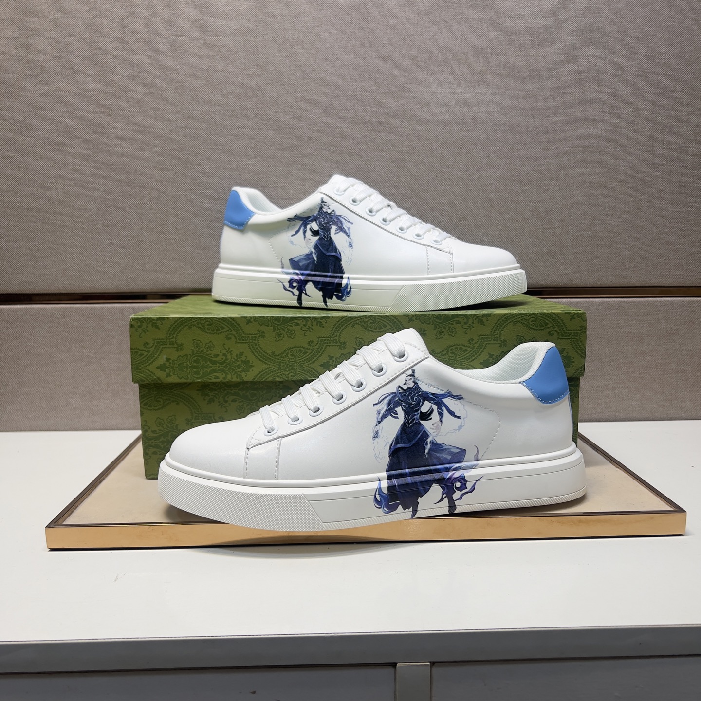 Gucci Men's Ace Sneakers: White Leather with Horse Graphic and Blue Heel 6 i1744043830357 5746 0 4