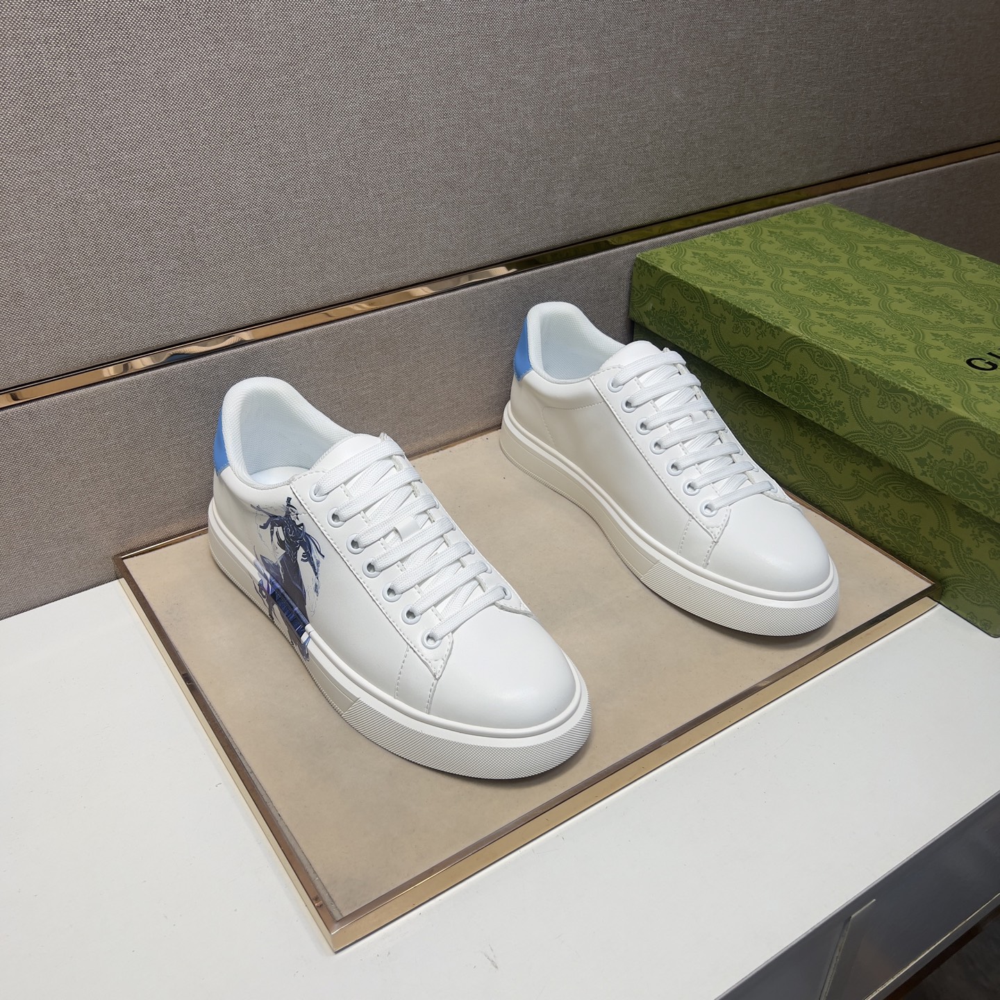 Gucci Men's Ace Sneakers: White Leather with Horse Graphic and Blue Heel 2 i1744043831226 7452 0 0