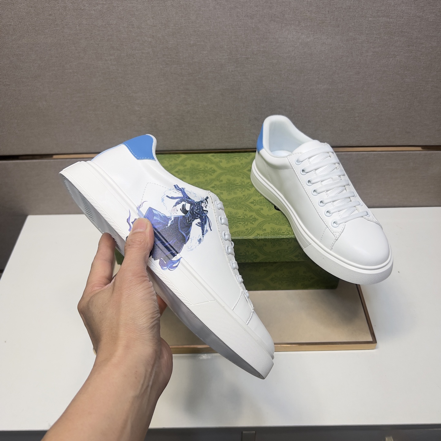Gucci Men's Ace Sneakers: White Leather with Horse Graphic and Blue Heel 8 i1744043831256 8270 0 6