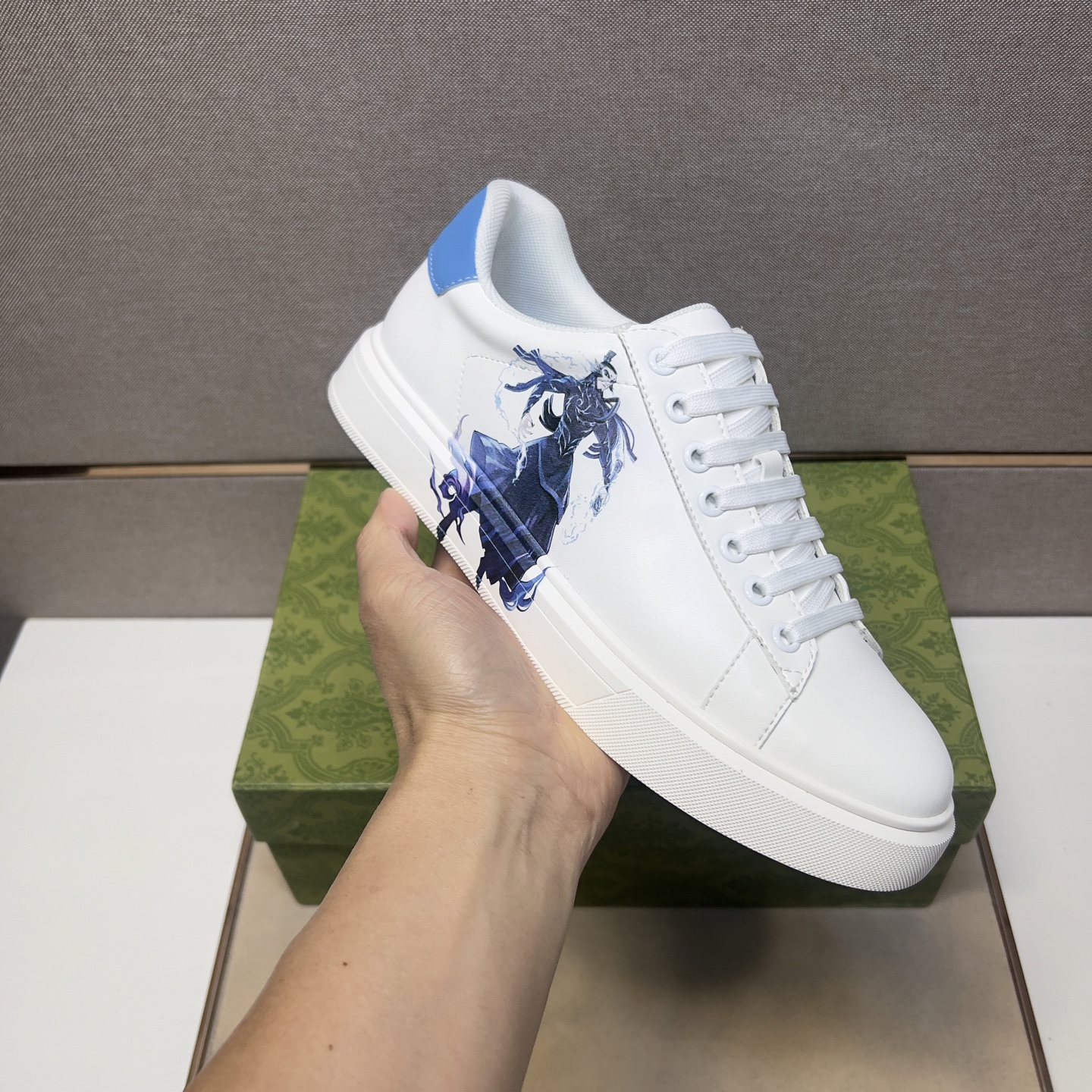 Gucci Men's Ace Sneakers: White Leather with Horse Graphic and Blue Heel 7 i1744043831266 1919 0 5