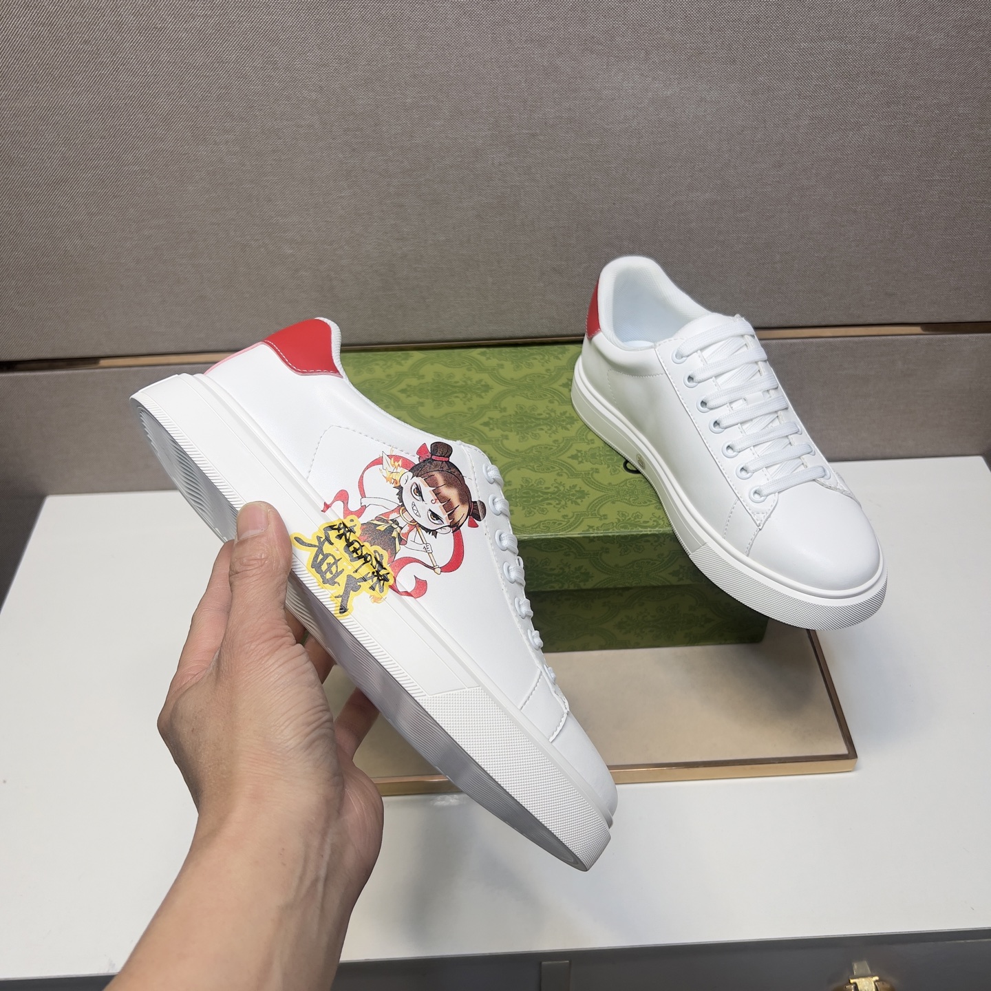 Gucci Men's White Leather Ace Sneaker with Cartoon Character and Red Heel 8 i1744043881350 4287 0 6