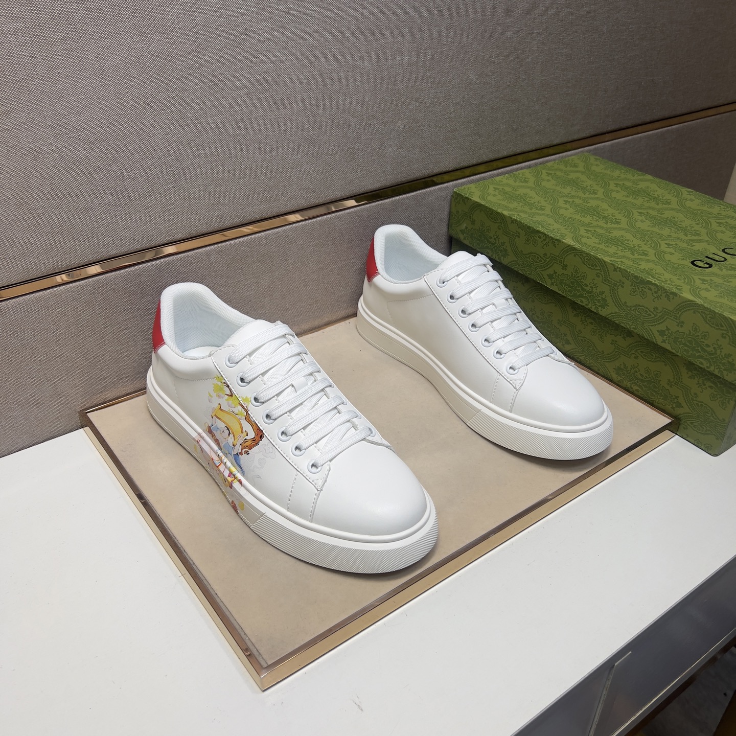Gucci Men's Ace Sneaker with Cartoon Print, Classic White Leather Shoes 1 Gucci Men's Ace Sneaker with Cartoon Print, Classic White Leather Shoes