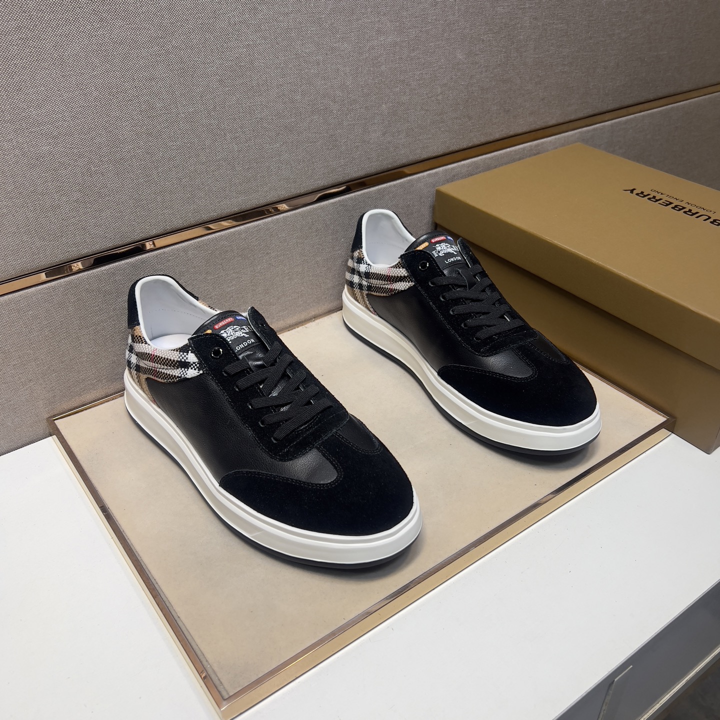 Burberry Men's Leather Sneakers with Signature Check, Black/Archive Beige 1 Burberry Men's Leather Sneakers with Signature Check, Black/Archive Beige
