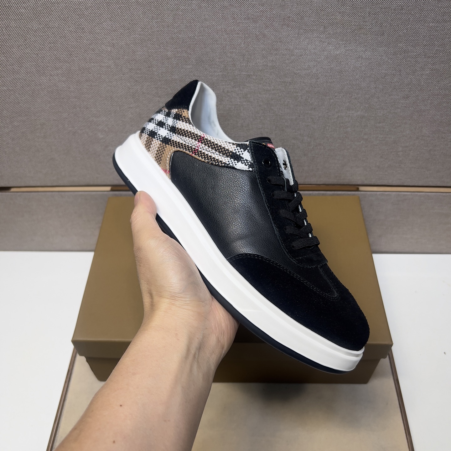 Burberry Men's Leather Sneakers with Signature Check, Black/Archive Beige 7 i1744820111836 8785 0 5