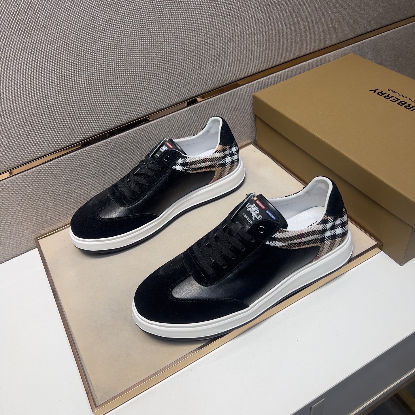 Burberry Men's Leather Sneakers with Signature Check, Black/Archive Beige 3 i1744820111844 6186 0 1