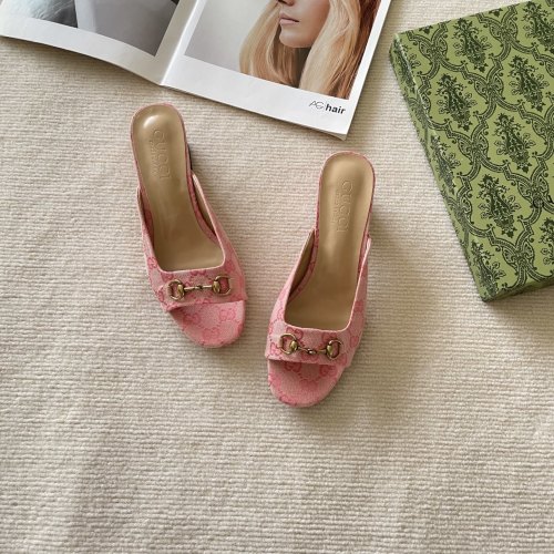 Gucci Pink GG Canvas Heeled Mules with Horsebit Detail, Size 35-42