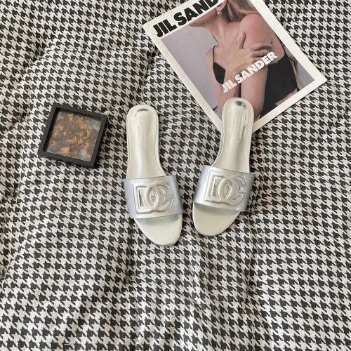 Dolce & Gabbana Women's Silver DG Logo Leather Slide Sandals 1 Dolce & Gabbana Women's Silver DG Logo Leather Slide Sandals