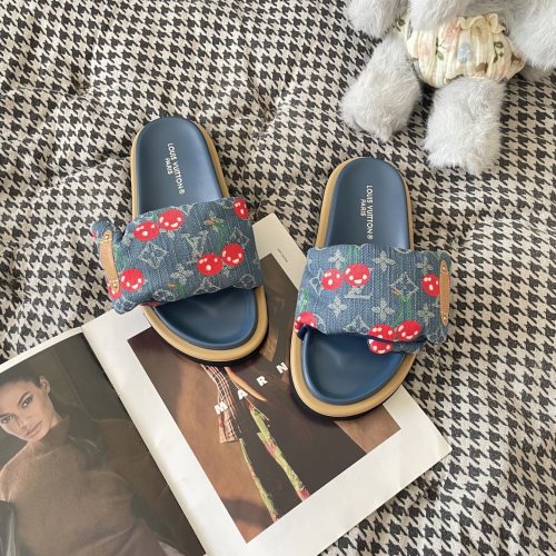 Louis Vuitton Takashi Cherry Denim Slides - Limited Edition, Sizes 35-42 1 Louis Vuitton Takashi Cherry Denim Slides - Limited Edition, Sizes 35-42