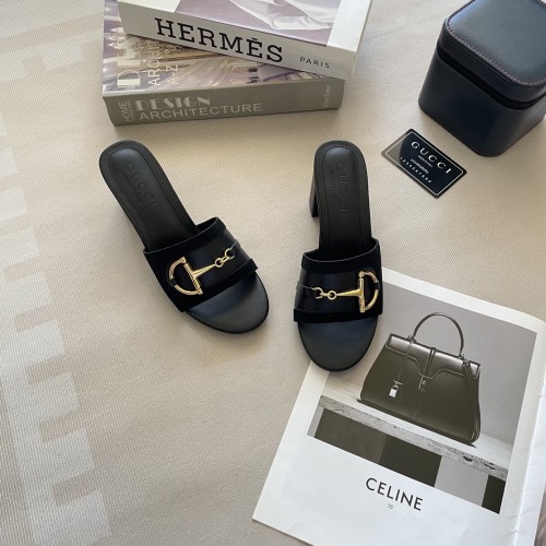 Gucci Women's Black Leather Heeled Sandals with Horsebit Detail 1 Gucci Women's Black Leather Heeled Sandals with Horsebit Detail