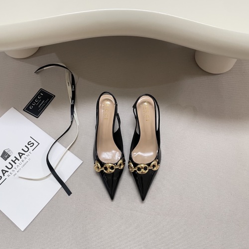 Gucci Women's Black Patent Leather Slingback Kitten Heel with Chain Detail 1 Gucci Women's Black Patent Leather Slingback Kitten Heel with Chain Detail