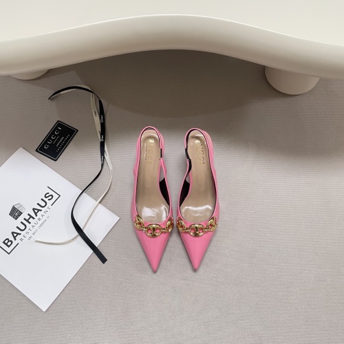 Gucci Pink Leather Slingback Kitten Heels with Gold Chain Detail 1 Gucci Pink Leather Slingback Kitten Heels with Gold Chain Detail