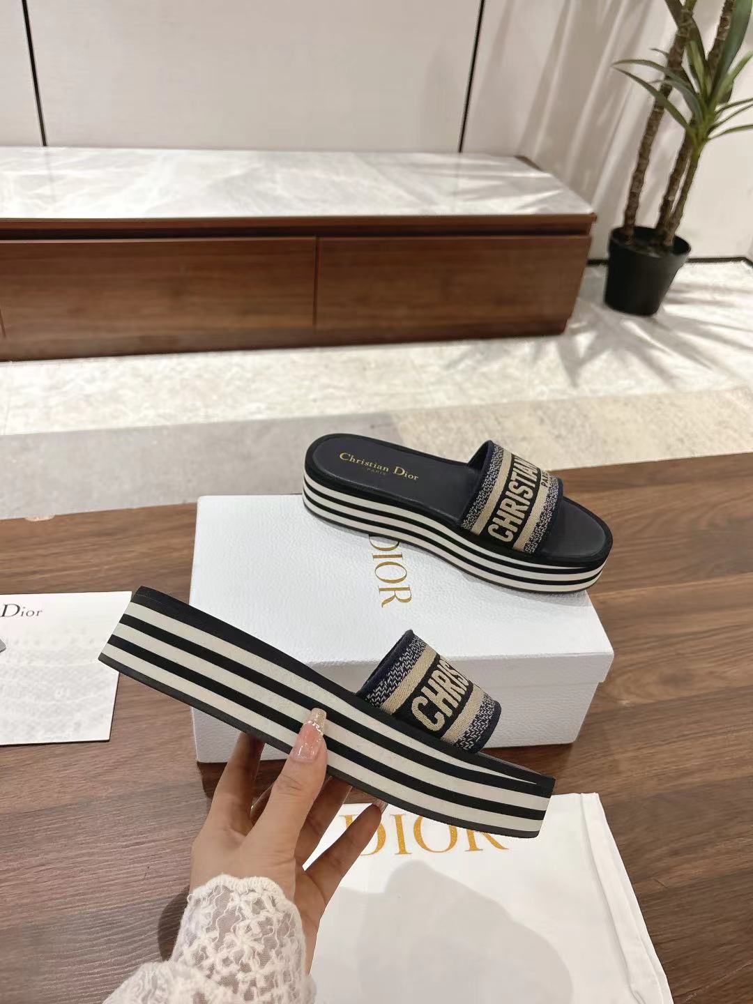 Dior Dway Striped Platform Embroidered Sandals Slides, Stylish and Comfortable 6 a1742038055838 5486