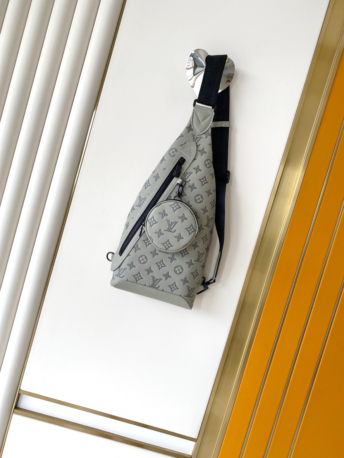 Louis Vuitton Grey Leather Messenger Sling Bag with Coin Purse