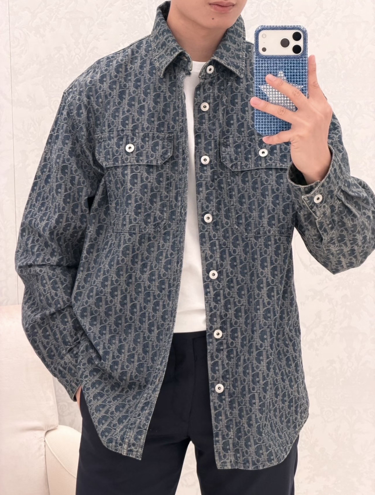 Oblique-Pattern Denim Overshirt — product photograph